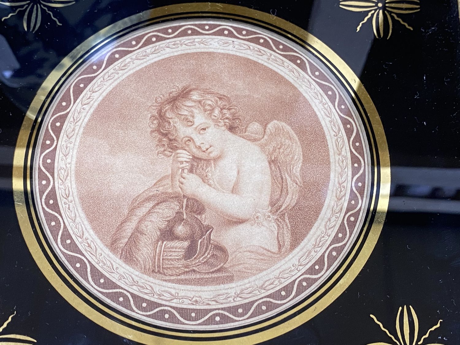 Bartolozzi, pair of circular classical engravings on silk, in Hogarth frames, 33cm and another on paper, verre eglomise frame, 22cm